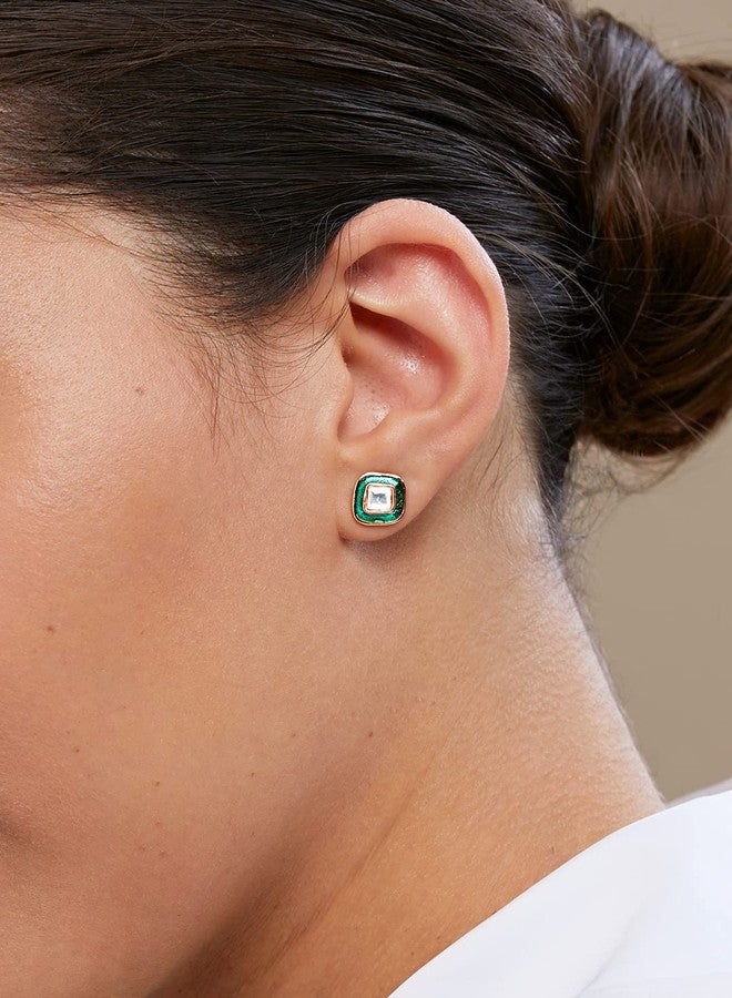 MINUTIAE Green Meena Kundan Indo-Western Stud Tops Earring For Women | Fashion Jewellery For Women and Girls - Image 3