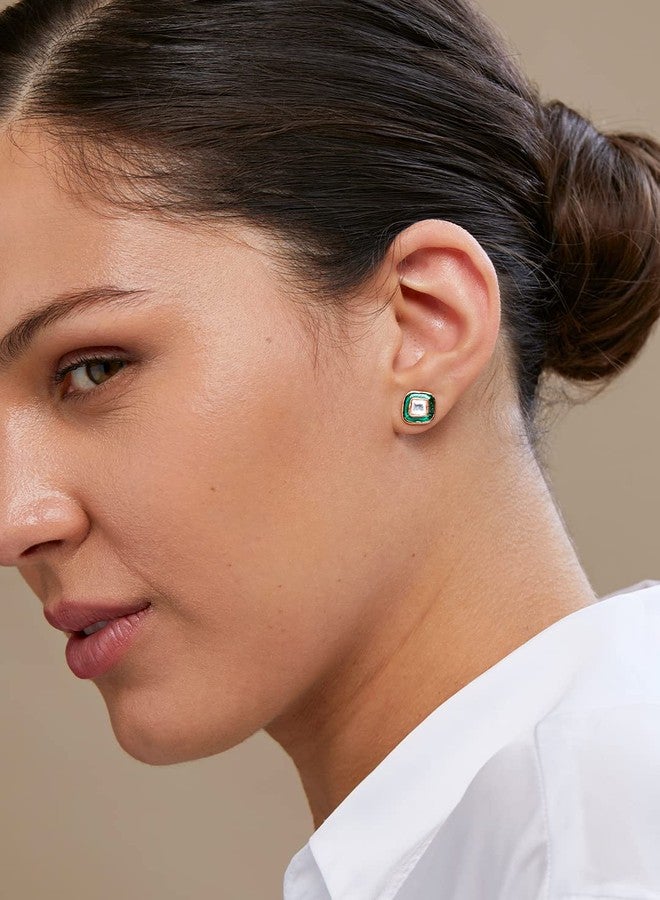 MINUTIAE Green Meena Kundan Indo-Western Stud Tops Earring For Women | Fashion Jewellery For Women and Girls - Image 2