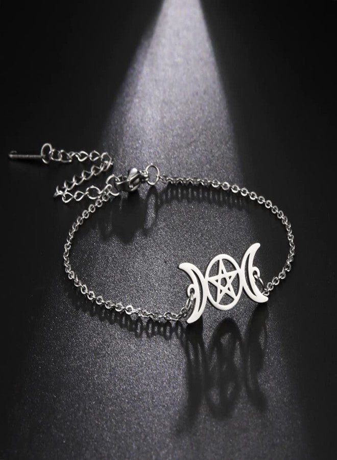EUEAVAN Triple Moon Goddess Pentagram Star Bracelet Amulet Pentagram Religion Bangle Stainless Steel Jewelry Symbol Witchcraft Gifts For Women (silver) - Image 2