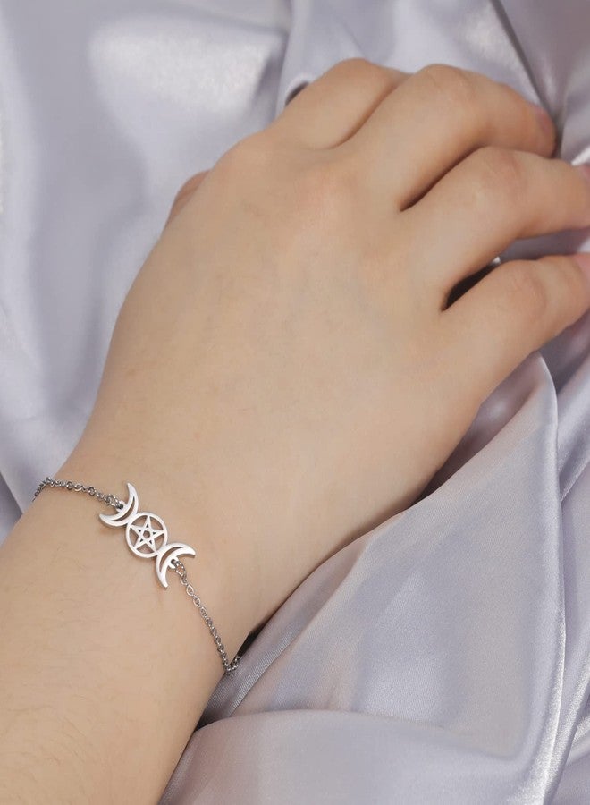 EUEAVAN Triple Moon Goddess Pentagram Star Bracelet Amulet Pentagram Religion Bangle Stainless Steel Jewelry Symbol Witchcraft Gifts For Women (silver) - Image 3