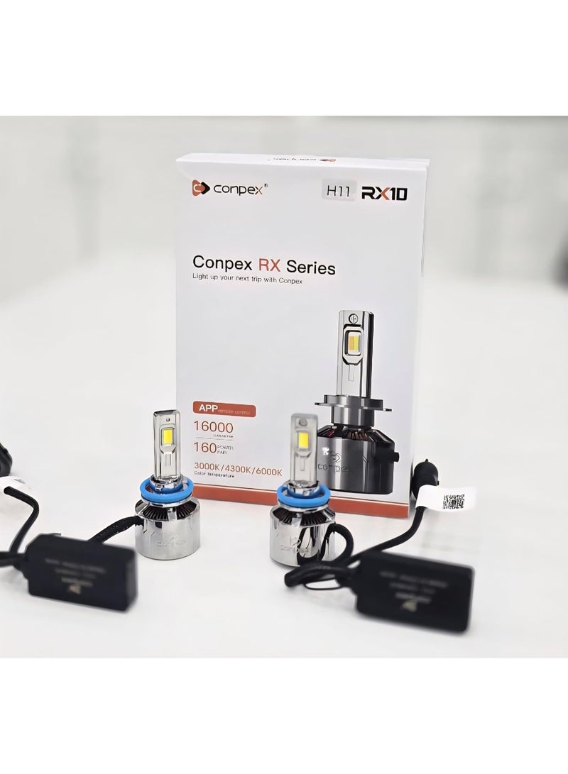 Conpex RX10 H11 3-Color LED Headlight Bulbs with Bluetooth App Control – 16000 Lumens, 160W, 4300K / 6000K Color Temperature - Image 1