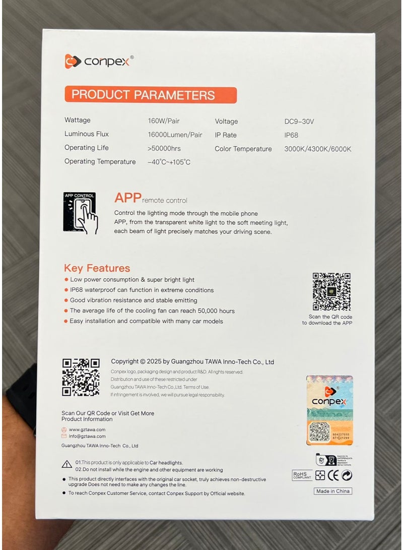 Conpex RX10 H11 3-Color LED Headlight Bulbs with Bluetooth App Control – 16000 Lumens, 160W, 4300K / 6000K Color Temperature - Image 3