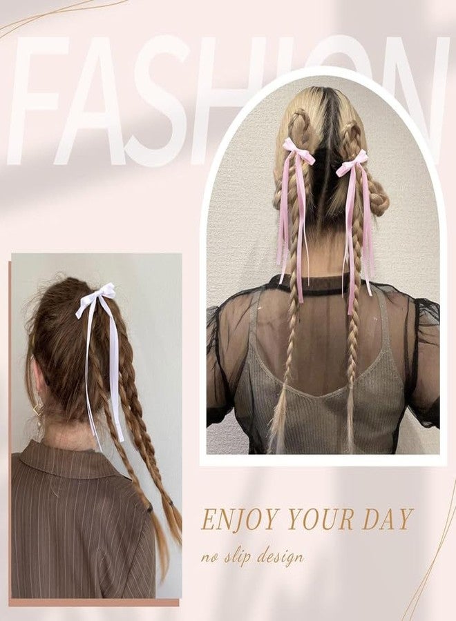 RECTYO GALLERY4PCS Luxury Hair Bows for Women Girls, Tassel Ribbon Bowknot Hair Clips Barrettes for Girl with Long Tail, Solid Satin Hair Accessories (Pink+White) - Image 4
