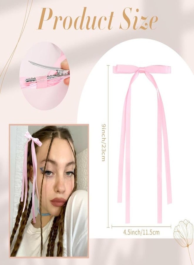 RECTYO GALLERY4PCS Luxury Hair Bows for Women Girls, Tassel Ribbon Bowknot Hair Clips Barrettes for Girl with Long Tail, Solid Satin Hair Accessories (Pink+White) - Image 3