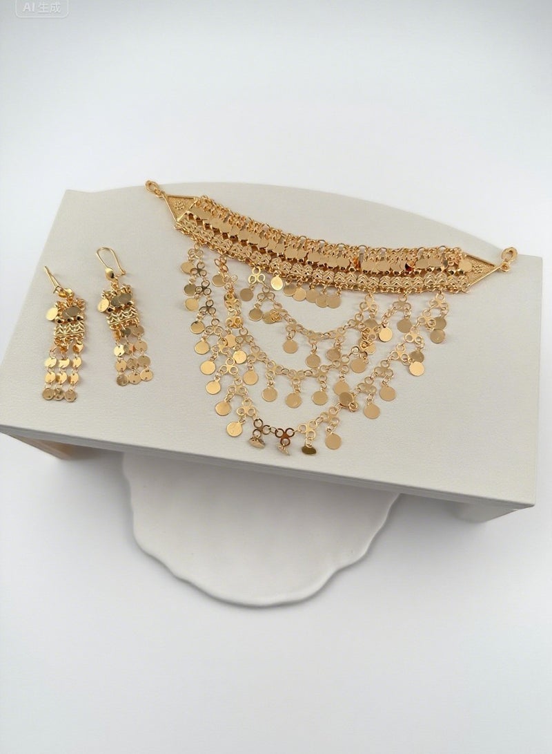 A stylish and exotically inspired 22K gold-plated necklace and earrings set, as a holiday birthday gift for my wife. - Image 1