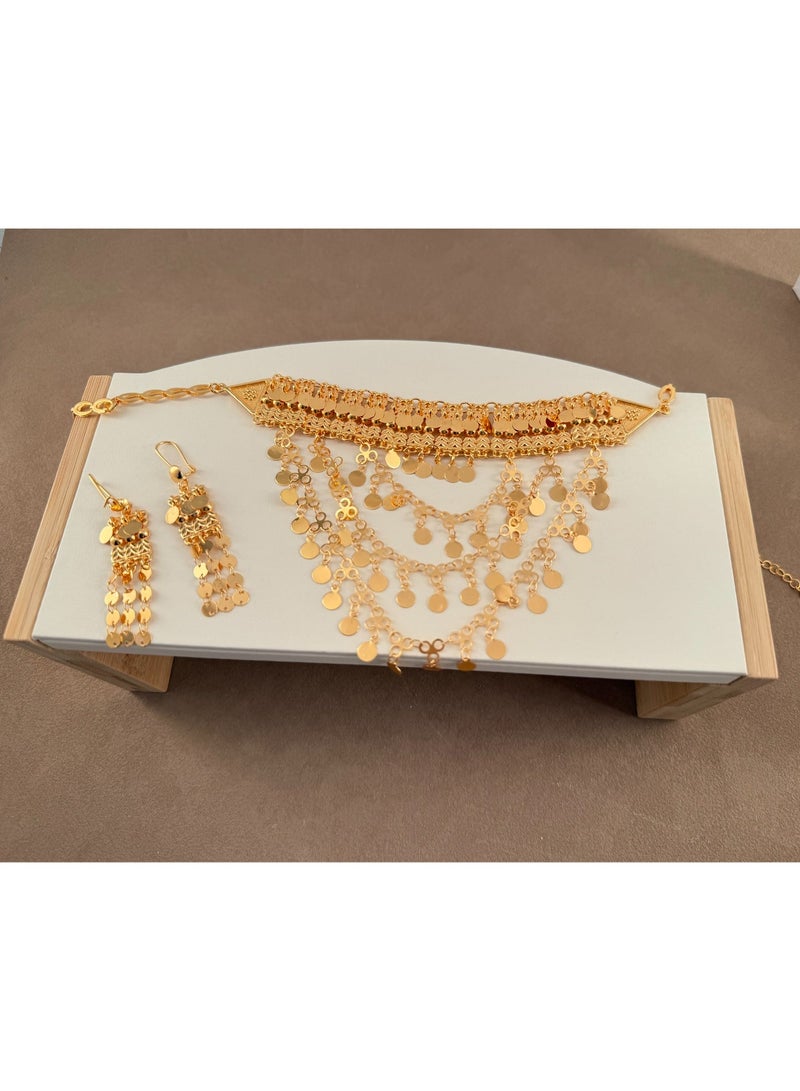 A stylish and exotically inspired 22K gold-plated necklace and earrings set, as a holiday birthday gift for my wife. - Image 1