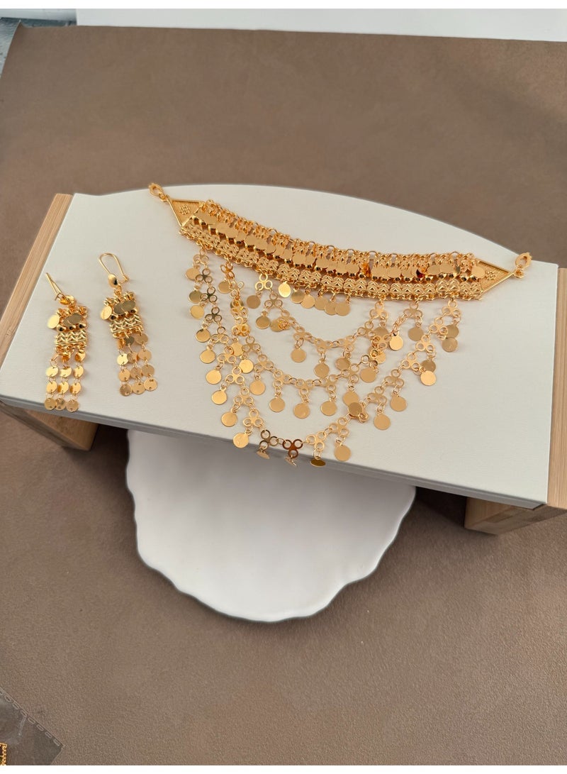 A stylish and exotically inspired 22K gold-plated necklace and earrings set, as a holiday birthday gift for my wife. - Image 2