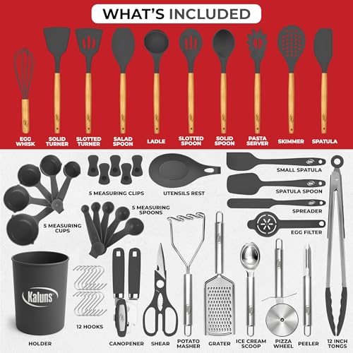Kaluns 50 PCS Silicone Kitchen Utensils Set Complete Kitchen Set - 800°F Heat Resistant Non-Stick Premium Cooking Utensils W Wooden Handles - Can Opener, Masher, Turner, Silicone Spatula Set - Image 3