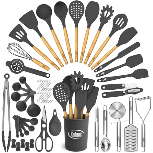 Kaluns 50 PCS Silicone Kitchen Utensils Set Complete Kitchen Set - 800°F Heat Resistant Non-Stick Premium Cooking Utensils W Wooden Handles - Can Opener, Masher, Turner, Silicone Spatula Set - Image 1