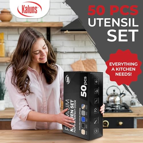 Kaluns 50 PCS Silicone Kitchen Utensils Set Complete Kitchen Set - 800°F Heat Resistant Non-Stick Premium Cooking Utensils W Wooden Handles - Can Opener, Masher, Turner, Silicone Spatula Set - Image 4