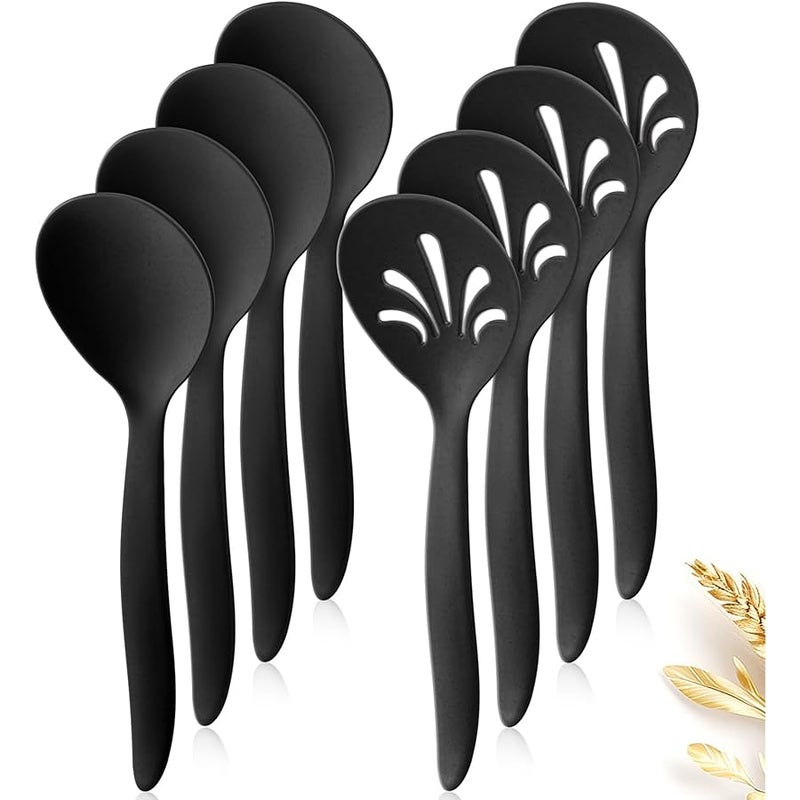 RayPard 8 Pack 10 Large Reusable Plastic Wheat Straw Serving Spoon Set, 4 Serving Spoons & 4 Slotted Spoons, Kitchen Mixing Serving Spoon for Buffet Chafing Dish Catering (Black) - Image 1