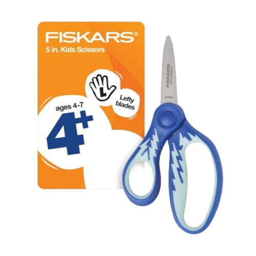 Fiskars 5" Softgrip Left-Handed Pointed-Tip Scissors for Kids Ages 4-7, Left-Handed Scissors for School or Crafting, Back to School Supplies, Blue Lightning - Image 1