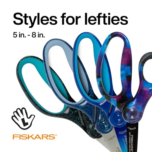 Fiskars 5" Softgrip Left-Handed Pointed-Tip Scissors for Kids Ages 4-7, Left-Handed Scissors for School or Crafting, Back to School Supplies, Blue Lightning - Image 3