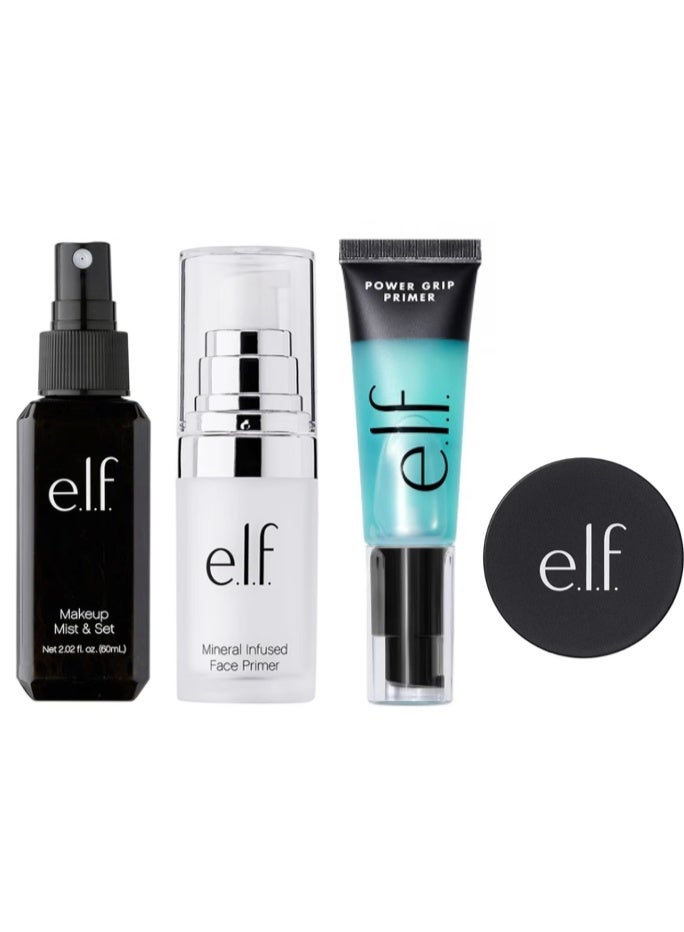 إلف بخاخ تثبيت المكياج الشفاف + برايمر الوجه الشفاف الغني بالمعادن + برايمر باور جريب، قاعدة تثبيت قوية + بودرة عالية الوضوح شفافة - Image 1