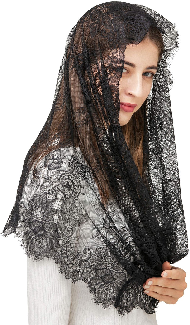 PAMOR Spanish Style Lace Traditional Vintage Inspired Infinity Shape Mantilla Veil Latin Mass Head Covering (Black) - Image 3