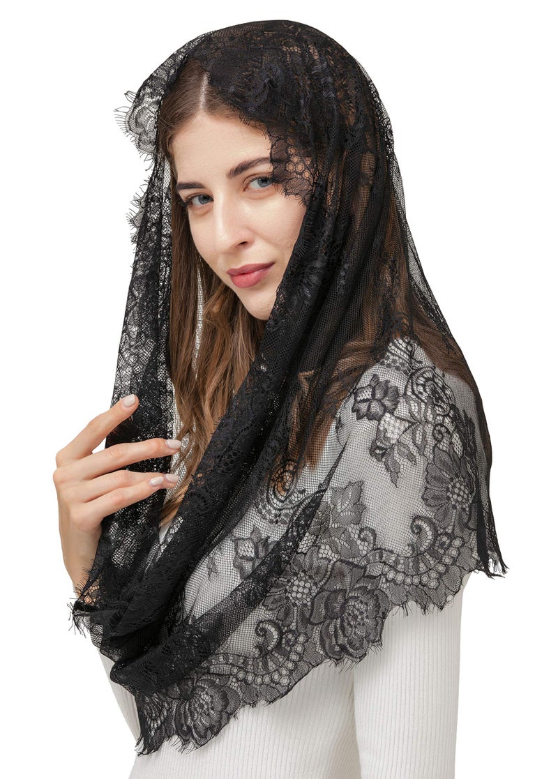 PAMOR Spanish Style Lace Traditional Vintage Inspired Infinity Shape Mantilla Veil Latin Mass Head Covering (Black) - Image 2