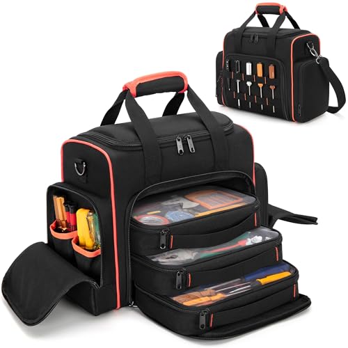 Marscamd Tool Bag with 3 Removable Cases, 2 Layers Tool Tote for Hand Tools, Black with Red Binding - Image 1