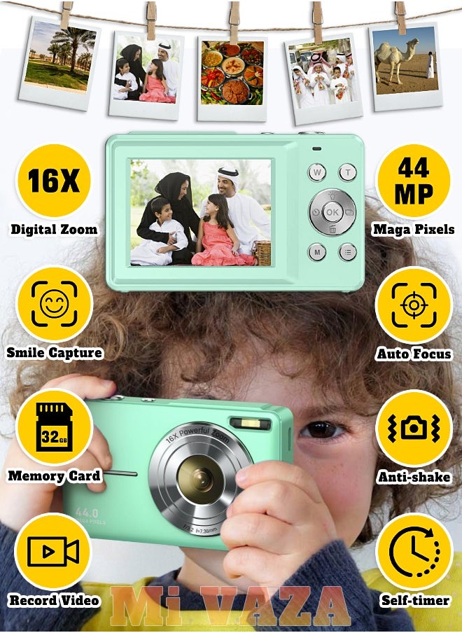 Mi VAZA - Autofocus Digital Camera for Kids - FHD 1080P 44MP - Rechargeable Compact Mini Camera with 16X Digital - Portable Pocket Camera - With 32GB Memory Card - Image 1