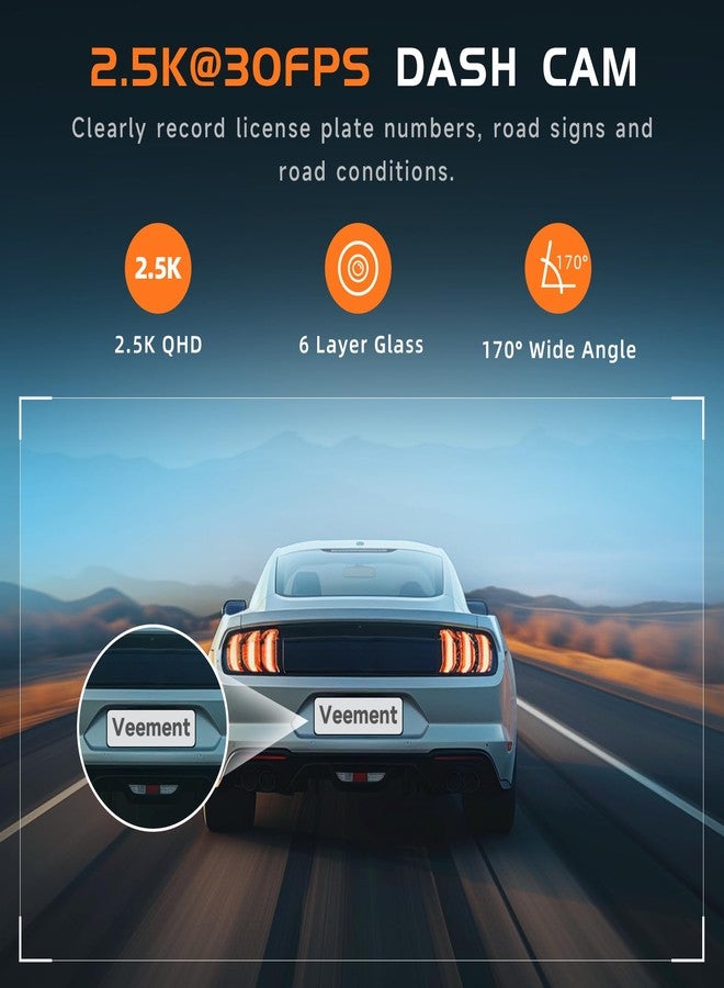 Veement Dash Cam, 2.5K Dash Cam Front, VEEMENT Dash Camera for Cars, 1440P Car Dash Camera with APP, WiFi Dash Cams with WDR Night Vision, 24/7 Parking Monitor Dashcam, 160°Wide, G-Sensor, Mini Car Camera - Image 3
