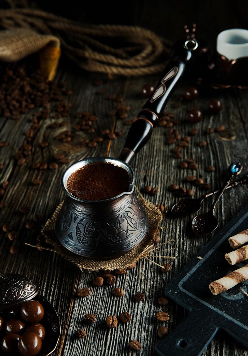 DEMMEX 2mm Thickest Copper Turkish Greek Arabic Coffee Pot Engraved Stovetop Coffee Maker Cezve Ibrik Briki with Wooden Handle & Spoon, for 3 People (Antique Copper) - Image 3