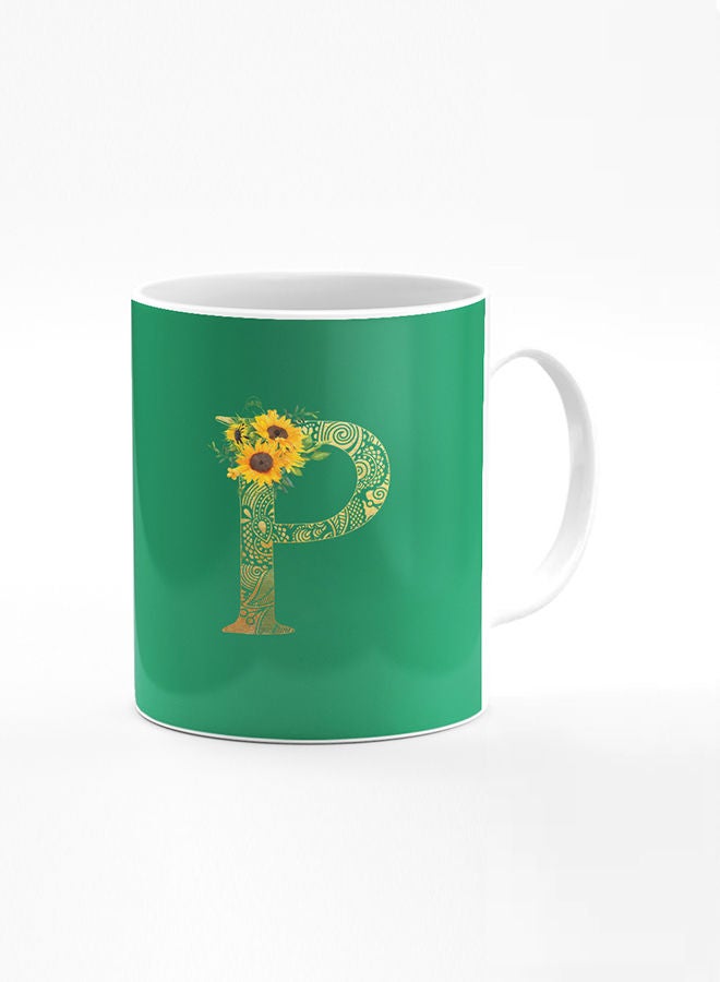 Stylizedd Designer Printed Coffee Mug 11oz Ceramic Personalised Gift Mugs Cup Custom Monogram Initial Letter Floral Pattern Alphabet P (Dark Spring Green)  - Image 1
