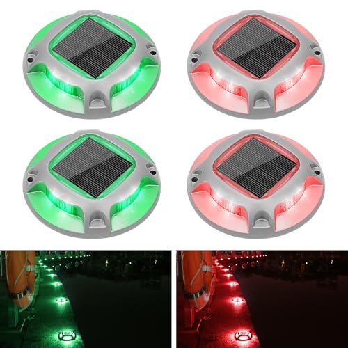 VOLISUN Christmas Solar Driveway Lights Dock Marine Lights 4 Pack,2 Colors in 1,Outdoor LED Deck Lights,Solar Powered Waterproof Warning Step Lights for Driveway Sidewalk Pathway (Red/Green) - Image 1