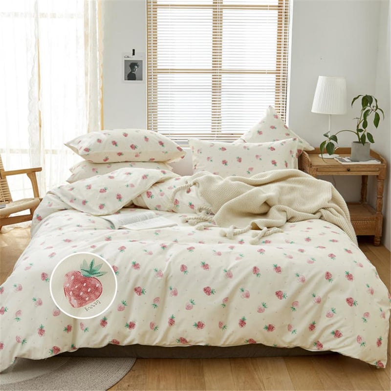 DREAMINGO DREAMINGO Cute Strawberry Duvet Cover Queen Teen Girls Bedding Set Kawaii Bedroom Decor Cotton Quilt Cover with Zipper Lightweight 3 Piece Bed Set with 2 Pillow Cases Cream White 