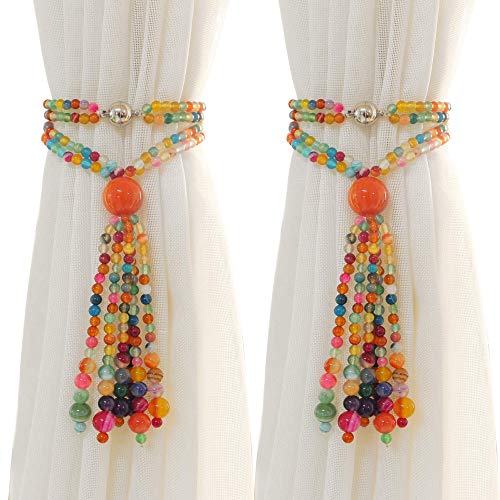 Pedobo Magnetic Curtain Tiebacks, 2 Pack Colorful Agate Tassel Curtain Drapery Holdbacks, Boho Curtain Ties for Home Office Decorative - Image 1