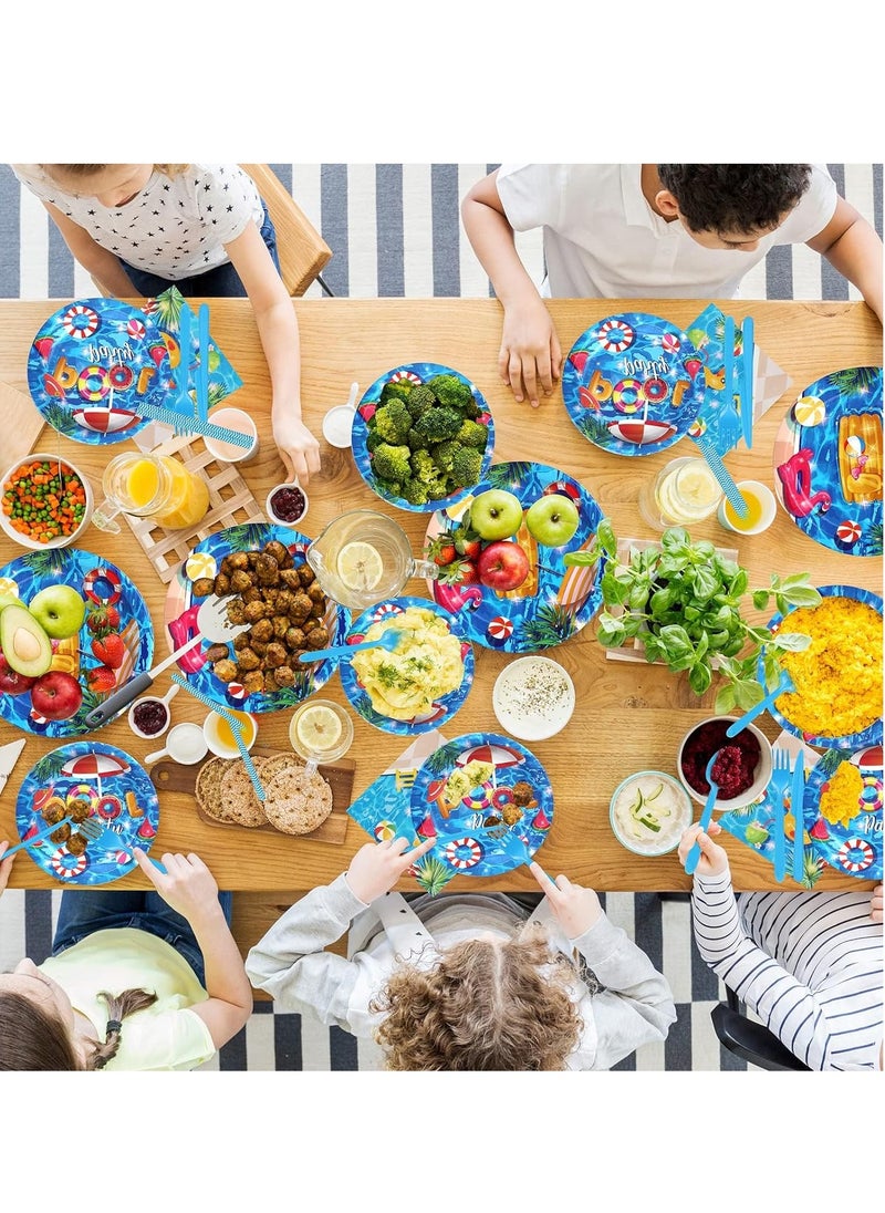 SYOSI - 93 PCS Summer Pool Party Supplies Tableware Set Serves 8, Decorations Includes Plates, Napkins, Straws, Spoons, Forks, Cups for Hawaiian Beach Birthday - Image 1