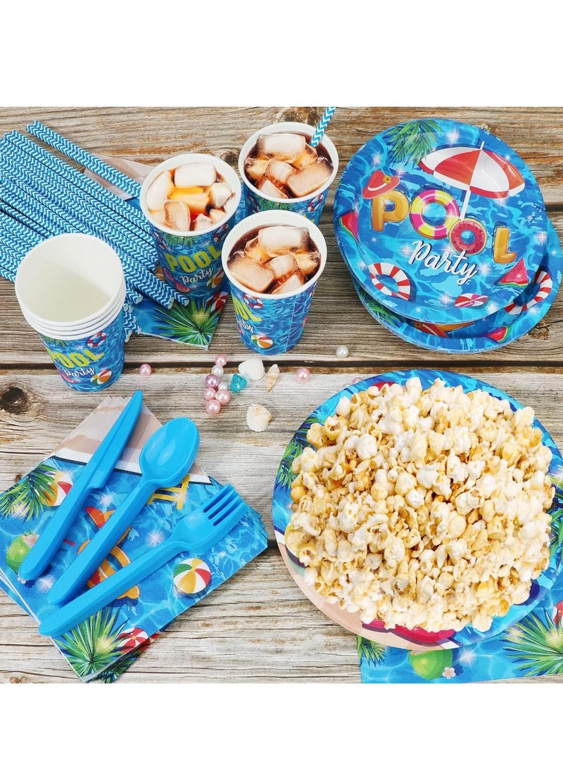 SYOSI - 93 PCS Summer Pool Party Supplies Tableware Set Serves 8, Decorations Includes Plates, Napkins, Straws, Spoons, Forks, Cups for Hawaiian Beach Birthday - Image 1