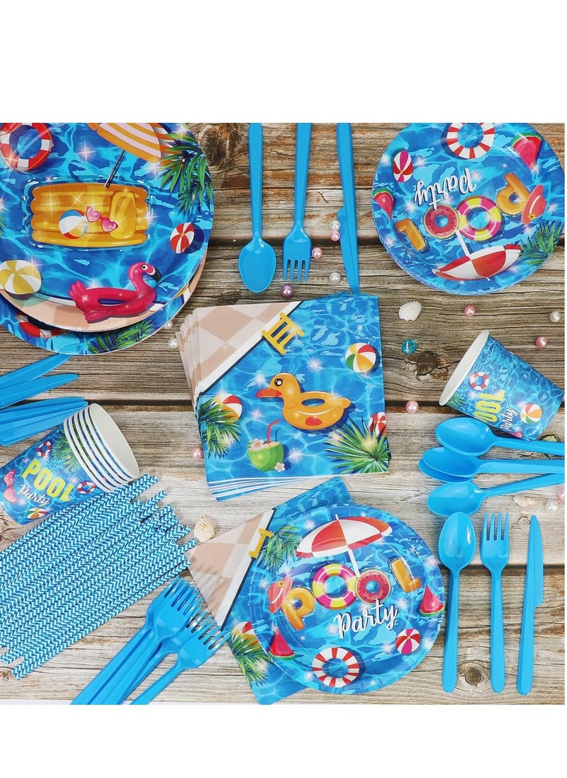 SYOSI - 93 PCS Summer Pool Party Supplies Tableware Set Serves 8, Decorations Includes Plates, Napkins, Straws, Spoons, Forks, Cups for Hawaiian Beach Birthday - Image 1