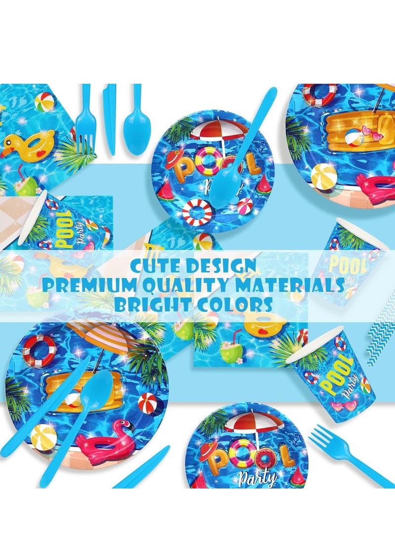 SYOSI - 93 PCS Summer Pool Party Supplies Tableware Set Serves 8, Decorations Includes Plates, Napkins, Straws, Spoons, Forks, Cups for Hawaiian Beach Birthday - Image 1