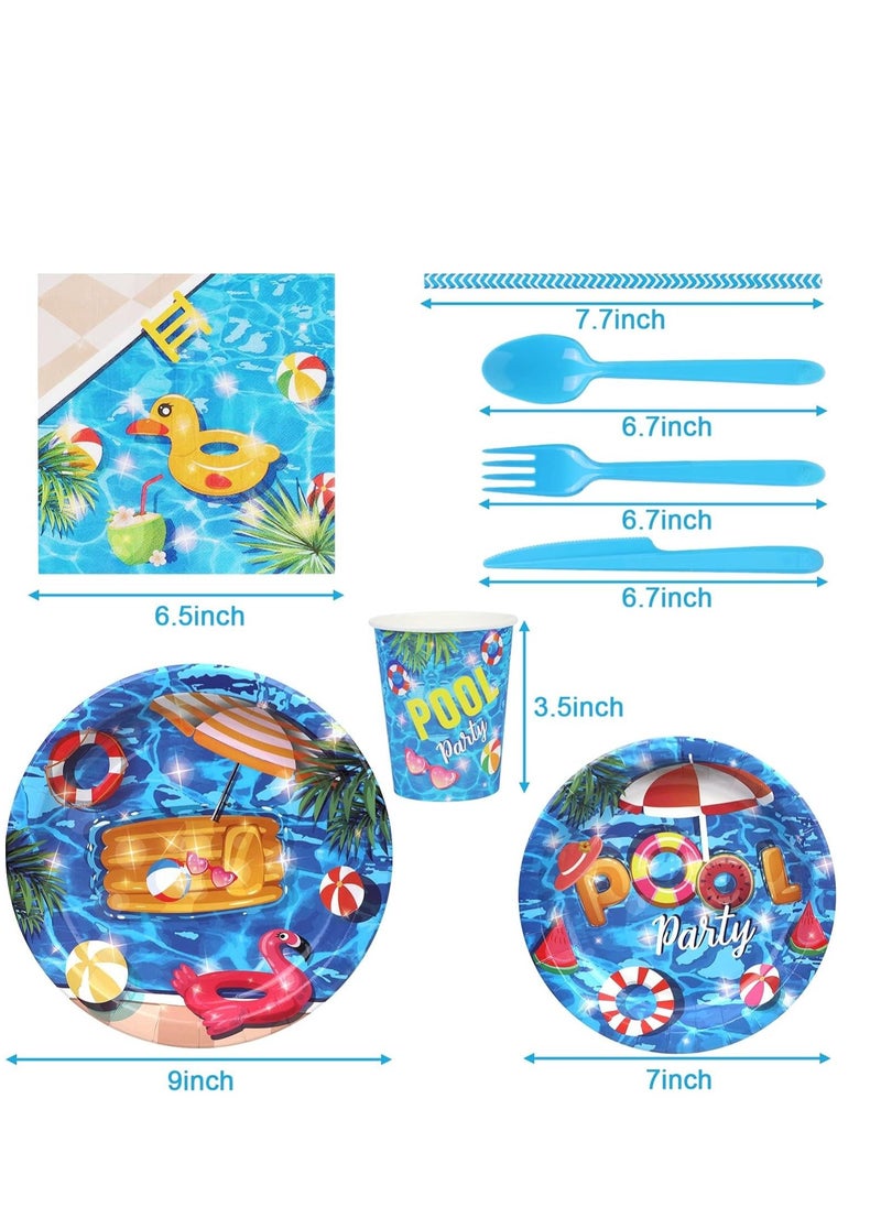 SYOSI - 93 PCS Summer Pool Party Supplies Tableware Set Serves 8, Decorations Includes Plates, Napkins, Straws, Spoons, Forks, Cups for Hawaiian Beach Birthday - Image 1