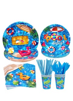 93 PCS Summer Pool Party Supplies Tableware Set Serves 8, Decorations Includes Plates, Napkins, Straws, Spoons, Forks, Cups for Hawaiian Beach Birthday
