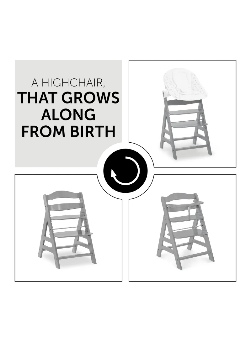 hauck Wooden Highchair Alpha Adjustable For Children From 6 Months Up To 90 Kg 5 - Point Harness Included Usable Birth In Combination With Newborn Set (Not Included) Grey
