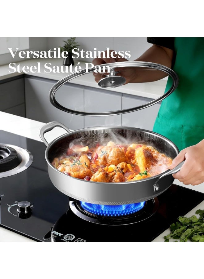 M.A&F's Stainless Steel Saute Pan, Cookware with Lid, 30CM Deep Frying Pan, Nonstick Honeycomb Cooking Pot with Handles, Large Kadai Skillet, Wok Pan Compatible with All Cooktops (Tall 7.5CM) - Image 2