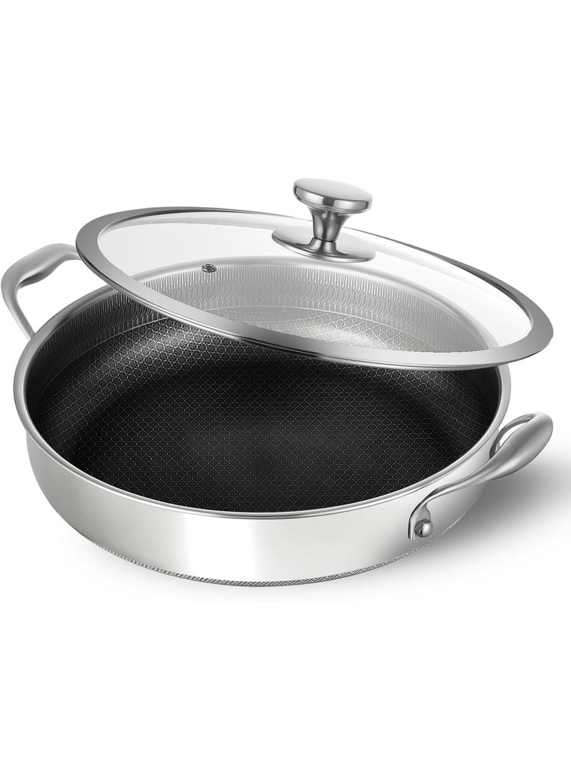 M.A&F's Stainless Steel Saute Pan, Cookware with Lid, 30CM Deep Frying Pan, Nonstick Honeycomb Cooking Pot with Handles, Large Kadai Skillet, Wok Pan Compatible with All Cooktops (Tall 7.5CM) - Image 1