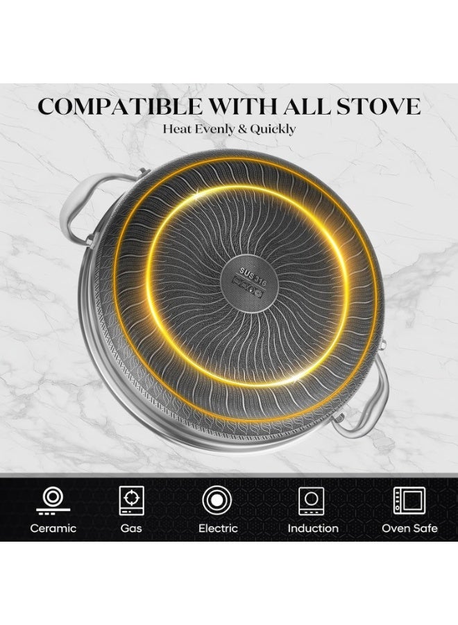 M.A&F's Stainless Steel Saute Pan, Cookware with Lid, 30CM Deep Frying Pan, Nonstick Honeycomb Cooking Pot with Handles, Large Kadai Skillet, Wok Pan Compatible with All Cooktops (Tall 7.5CM) - Image 3