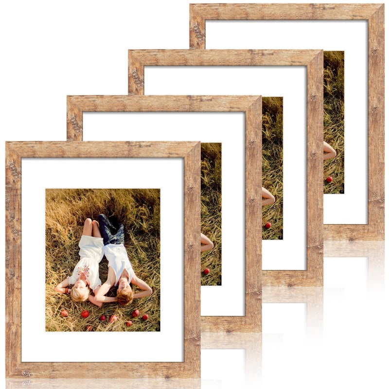 iRahmen 11x14 Picture Frame Set of 4 with Tempered Glass, Rustic Brown Frame Display 8x10 Pictures with Mat or 11 x 14 Without Mat, Wooden Photo Frames for Wall Mounting - Image 1