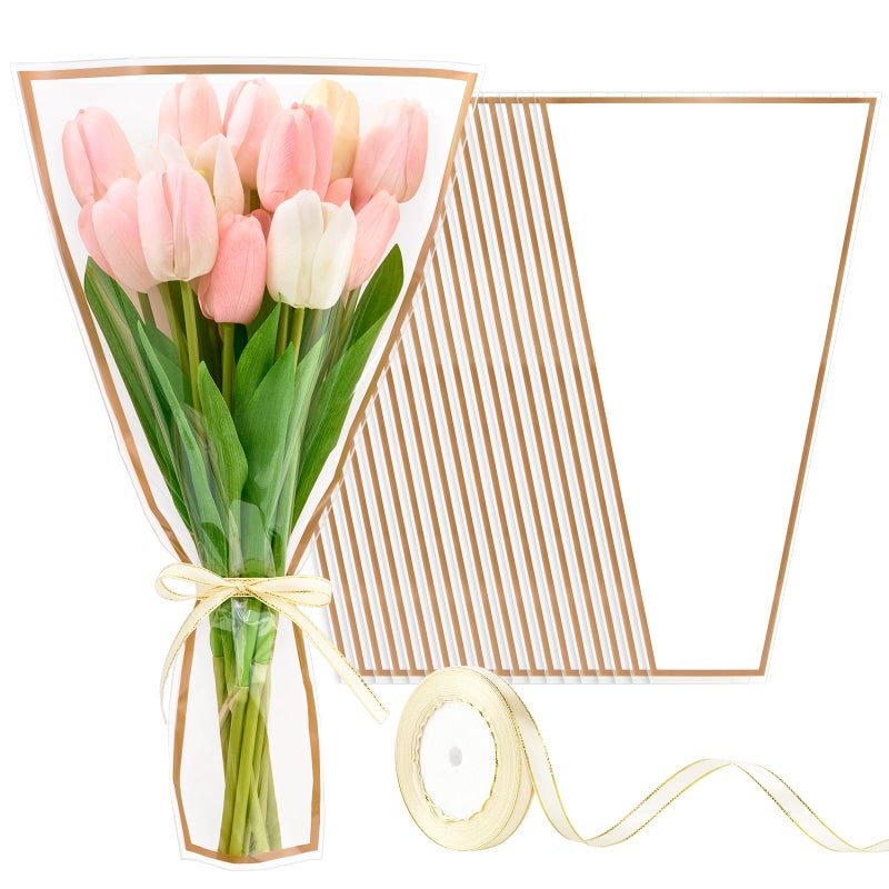 Mauproy 50 Pack White Flower Bags for Bouquets, 17.8 x 11.2 Inches Plastic Flower Sleeves Clear Front Floral Wraps with Ribbons for Mother's Day Florist Packaging Supplies - Image 1
