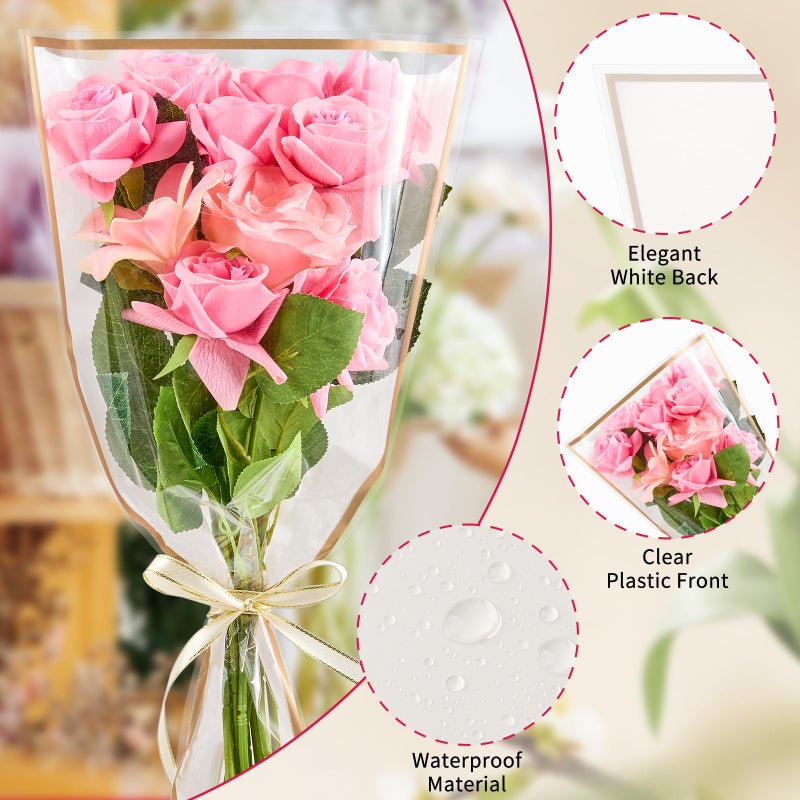 Mauproy 50 Pack White Flower Bags for Bouquets, 17.8 x 11.2 Inches Plastic Flower Sleeves Clear Front Floral Wraps with Ribbons for Mother's Day Florist Packaging Supplies - Image 3