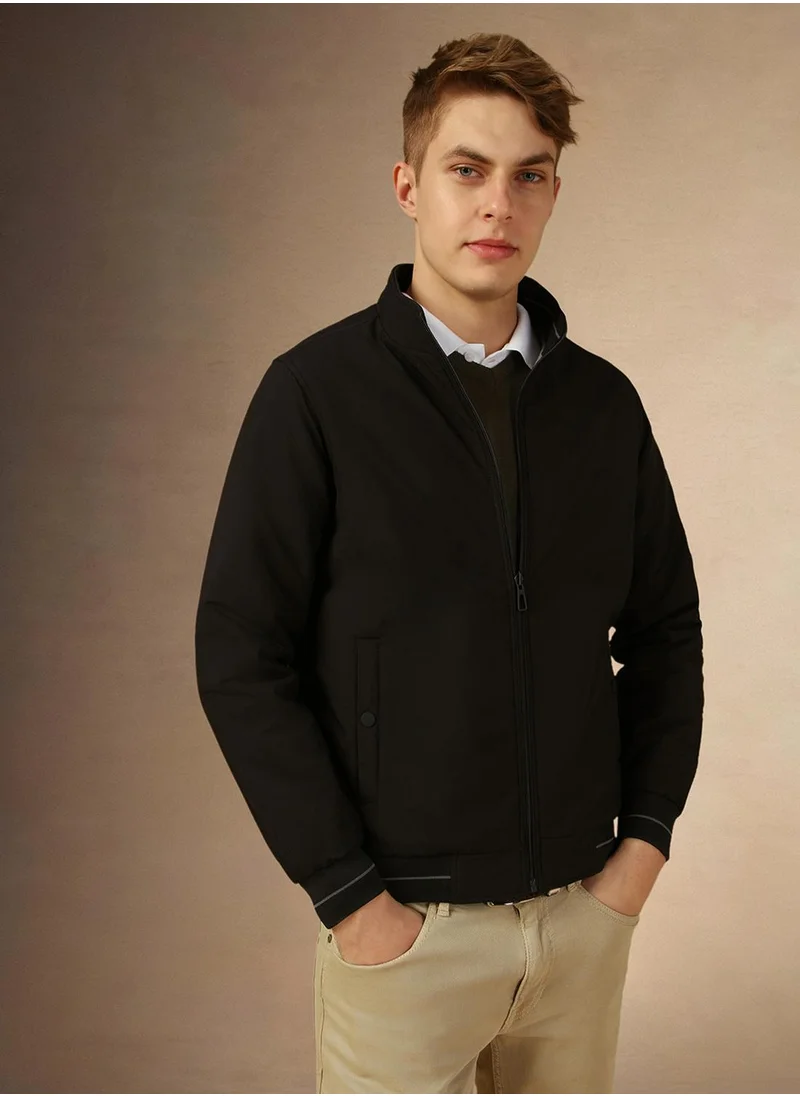 Dennis Lingo Men's Black 100% Polyester Solid Regular Fit Jacket