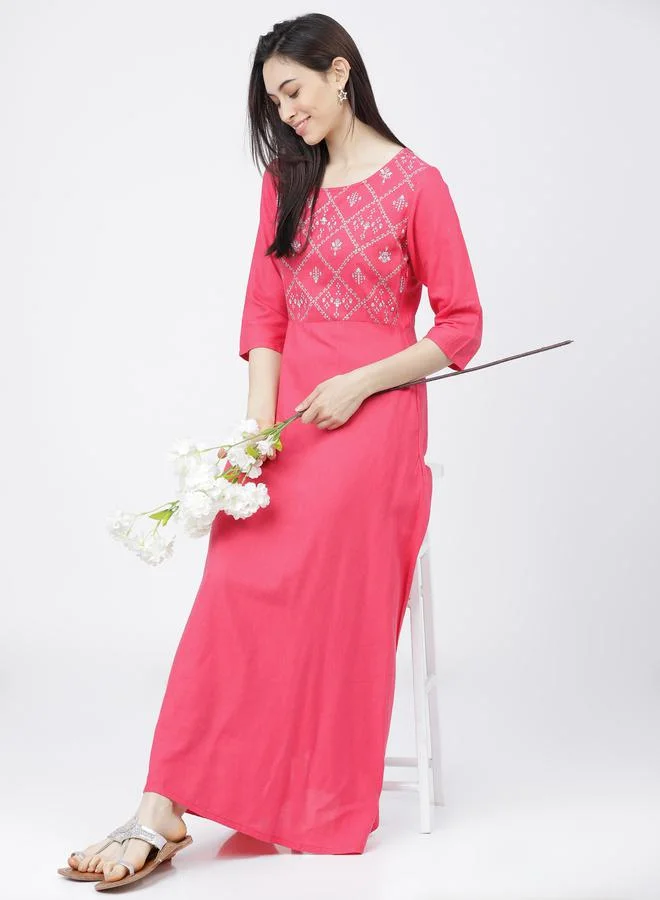 Graphic Print A-Line Maxi Dress with 3/4 Sleeves by Styli