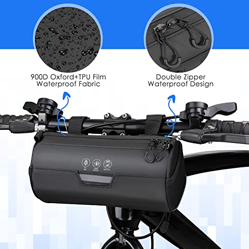 WOTOW Bike Handlebar Bag Waterproof - Bicycle Handlebar Roll Bag with Large Reflective Area, Bike Front Pouch with Waterproof Zipper Shoulder Strap Removable Straps for Cycling (Cylinder, 2.4L) - Image 2