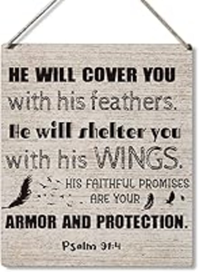 Inspirational Bible Gift Signs He Will Cover You with His Feathers He Will Shelter You with His Wings Wooden Hanging Sign Religious Scripture Art Wall Home Decoration 10 x 8 Inches