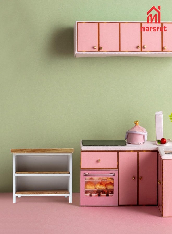 Marsrut Miniature Dollhouse Kitchen Island Dining Table 1:12 Scale Furniture Mini Doll House Accessories, Wood Rectangular Tables with Storage Shelves for Restaurant Room Pub Bar Counter Shelving Modern White - Image 5