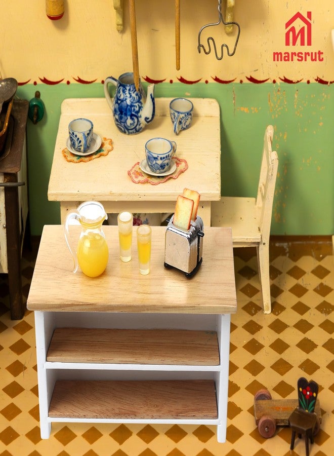 Marsrut Miniature Dollhouse Kitchen Island Dining Table 1:12 Scale Furniture Mini Doll House Accessories, Wood Rectangular Tables with Storage Shelves for Restaurant Room Pub Bar Counter Shelving Modern White - Image 4