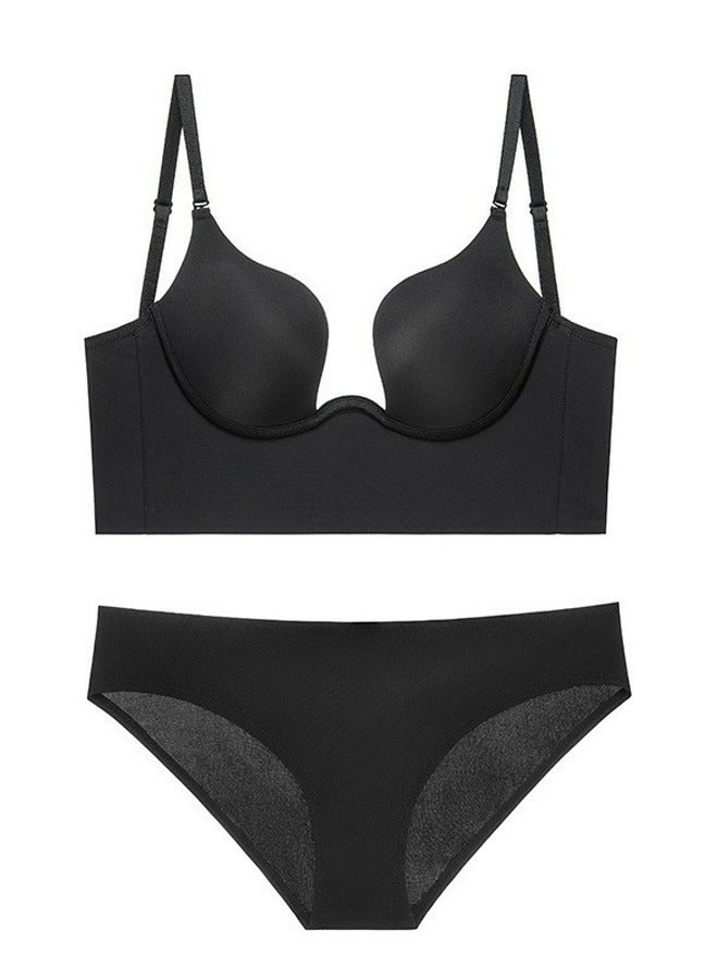 Loquat Solid Color U Style Breathable Bra Panty Set Black 