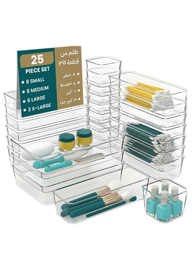 مجموعة من 25 قطعة من منظمات أدراج المكتب، صواني تخزين شفافة من البلاستيك، مقسمات أدراج للحمام، منظمات صواني لغرفة النوم، خزانة الزينة، أدوات المطبخ، والمكتب - Image 1