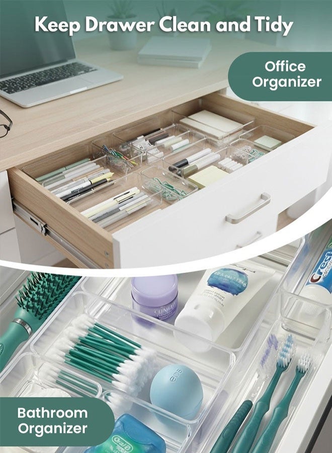 مجموعة من 25 قطعة من منظمات أدراج المكتب، صواني تخزين شفافة من البلاستيك، مقسمات أدراج للحمام، منظمات صواني لغرفة النوم، خزانة الزينة، أدوات المطبخ، والمكتب - Image 3